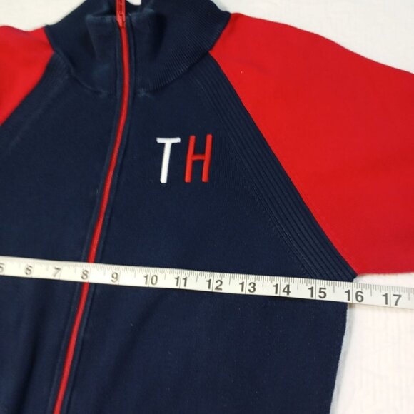 Tommy Hilfiger Sweater TH Logo  Red & Navy Full-Zip Striped Cuffs Size L/G - Picture 8 of 8